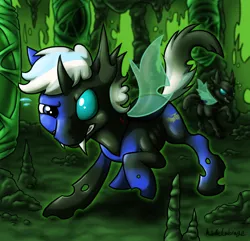 Size: 900x866 | Tagged: artist:metallicumbrage, biting, cave, changeling, changelingified, derpibooru import, goo, hive, oc, oc:dhey, safe, transformation, unofficial characters only
