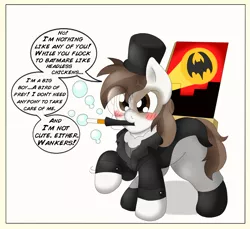 Size: 2223x2038 | Tagged: angry, artist:blackbewhite2k7, batman, bat signal, bubble, cigarette, comic, commission, derpibooru import, fake, pipsqueak, safe, the penguin