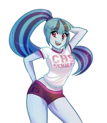 Size: 944x1087 | Tagged: safe, artist:rileyav, derpibooru import, sonata dusk, equestria girls, rainbow rocks, adorasexy, arm behind head, beautiful, belly button, blue skin, canterlot high, clothes, cute, female, genki girl, gym shorts, gym uniform, hand on hip, midriff, ponytail, sexy, shirt, shorts, simple background, solo, sonata donk, sonatabetes, sultry pose, t-shirt, thighs, transparent background