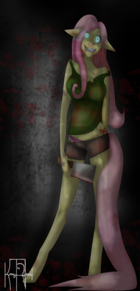 Size: 858x1775 | Tagged: anthro, artist:kimmytheredhead, butcher knife, butchershy, cleaver, derpibooru import, fluttershy, semi-grimdark, solo, yandere