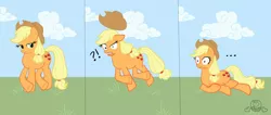 Size: 1197x506 | Tagged: safe, artist:naira, derpibooru import, applejack, earth pony, pony, the last roundup, ..., comic, cowboy hat, exclamation point, fail, falling, female, hat, interrobang, mare, question mark, solo