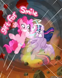 Size: 2190x2738 | Tagged: semi-grimdark, artist:xwhitedreamsx, derpibooru import, pinkie pie, twilight sparkle, twilight sparkle (alicorn), alicorn, earth pony, pony, smile hd, blood, female, fight, magic, mare, super saiyan princess