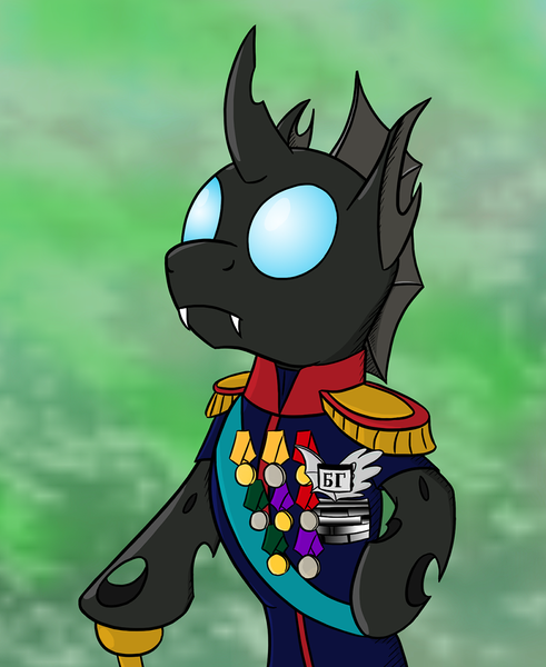 Size: 1000x1223 | Tagged: artist:sirvalter, changeling, clothes, derpibooru import, medal, military, safe, solo, uniform