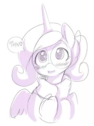 Size: 500x669 | Tagged: artist:ende26, ask high school cadance, blushing, clothes, derpibooru import, glasses, monochrome, princess cadance, safe, sketch, solo, speech bubble, sweater