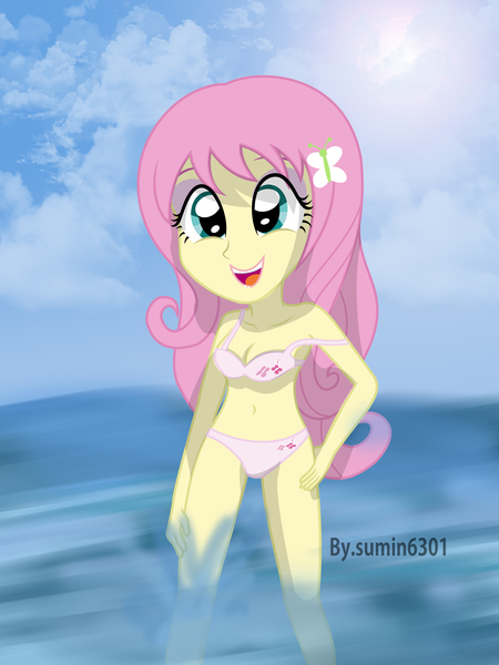 Size: 5100x6800 | Tagged: safe, artist:sumin6301, derpibooru import, fluttershy, equestria girls, absurd resolution, belly button, bikini, cleavage, clothes, female, midriff, ocean, off shoulder, solo, swimsuit