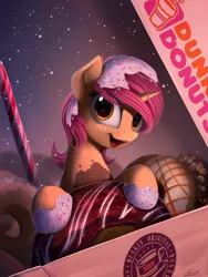 Size: 1700x2261 | Tagged: safe, artist:yakovlev-vad, derpibooru import, oc, unofficial characters only, donut pony, food pony, original species, pony, unicorn, donut, dunkin donuts, smiling, solo