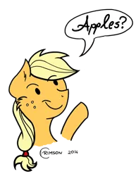 Size: 694x900 | Tagged: applejack, artist:crimson, blonde, blonde hair, cartoony, derpibooru import, digital art, flat colors, freckles, happy, hat, hatless, missing accessory, raised hoof, safe, simple background, solo, that pony sure does love apples, transparent background