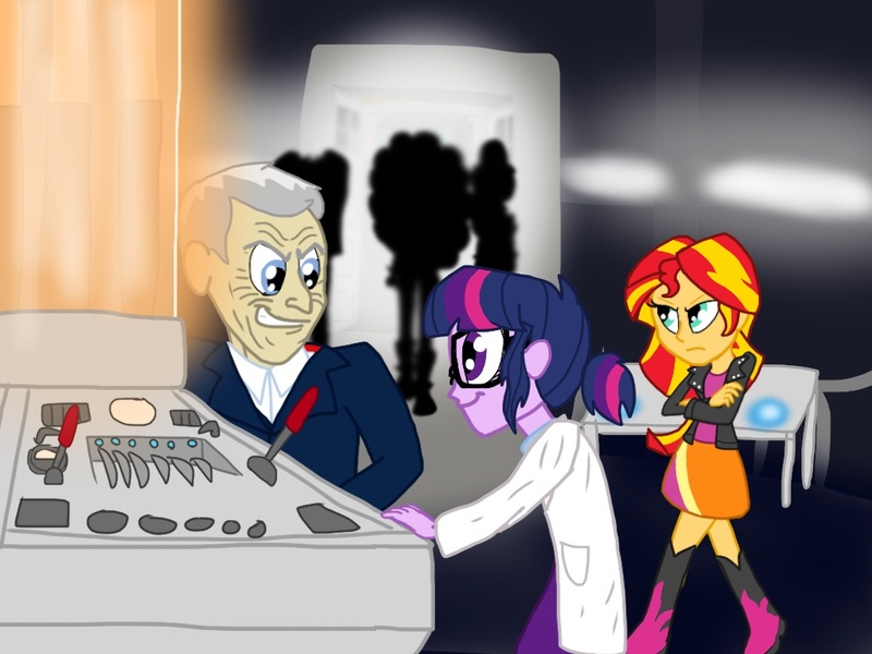 Size: 1024x768 | Tagged: safe, artist:biosonic100, derpibooru import, adagio dazzle, aria blaze, sci-twi, sonata dusk, sunset shimmer, twilight sparkle, equestria girls, doctor who, tardis, the dazzlings, twelfth doctor