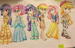 Size: 3159x2032 | Tagged: aladdin, applejack, artist:imtailsthefoxfan, barefoot, beauty and the beast, belle, belly button, belly dancer, breasts, cinderella, cleavage, clothes, crossover, derpibooru import, disney, disney princess, dress, feet, female, fluttershy, human, humanized, jasmine, jessie (toy story), mane six, midriff, pinkie pie, pocahontas, rainbow dash, rarity, safe, snow white, squaw dash, toy story, traditional art, twilight sparkle