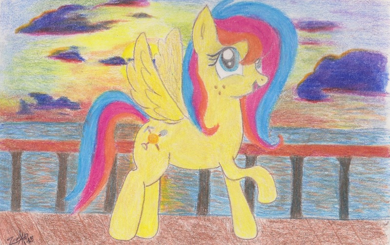 Size: 1260x794 | Tagged: safe, artist:equusstorm, derpibooru import, oc, oc:golden gates, unofficial characters only, babscon, babscon mascots, mascot, solo, sunset, traditional art