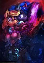Size: 1050x1500 | Tagged: safe, artist:atryl, derpibooru import, applejack, princess luna, alicorn, anthro, earth pony, armor, clothes, cute, female, galaxy, jackabetes, lesbian, looking at each other, lunabetes, lunajack, magic, open mouth, shipping