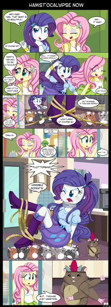 Size: 1500x4150 | Tagged: safe, artist:lucy-tan, derpibooru import, curtis pawpower, fluttershy, rarity, hamster, equestria girls, hamstocalypse now, backpack, boots, bound, bracelet, breasts, clothes, comic, engrish, female, high heel boots, jewelry, lockers, raised leg, rope, skirt, tanktop