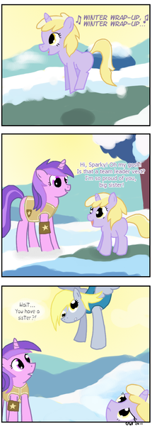 Size: 589x1641 | Tagged: safe, artist:grueislurking, derpibooru import, amethyst star, derpy hooves, dinky hooves, pegasus, pony, unicorn, winter wrap up, animal team, background pony, comic, female, filly, flying, mare, weather team, winter wrap up vest