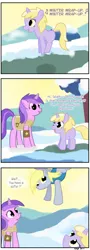 Size: 589x1641 | Tagged: safe, artist:grueislurking, derpibooru import, amethyst star, derpy hooves, dinky hooves, pegasus, pony, unicorn, winter wrap up, animal team, background pony, comic, female, filly, flying, mare, weather team, winter wrap up vest