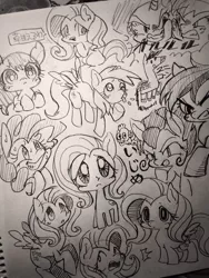 Size: 768x1024 | Tagged: safe, artist:mosamosa_n, derpibooru import, derpy hooves, fluttershy, pinkie pie, rainbow dash, rarity, pegasus, pony, female, mare, monochrome, sketch, traditional art