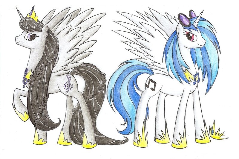 Size: 1024x682 | Tagged: safe, artist:islamilenaria, derpibooru import, octavia melody, vinyl scratch, alicorn, pony, alicornified, octacorn, race swap, traditional art, vinylcorn