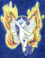 Size: 787x1014 | Tagged: safe, artist:islamilenaria, derpibooru import, rarity, pony, unicorn, burning, crying, eyes closed, fire, glimmer wings, gossamer wings, solo, traditional art