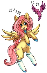 Size: 1246x1920 | Tagged: artist:tiki-sama, bird, blushing, clothes, collar, derpibooru import, fluttershy, flying, looking at you, safe, singing, socks, solo