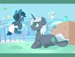 Size: 2790x2140 | Tagged: safe, artist:cuddlehooves, derpibooru import, oc, oc:dusk shadow, oc:grey ghost, unofficial characters only, alicorn, pony, unicorn, baby, baby pony, cuddlehooves is trying to murder us, cute, diaper, father and son, foal, poofy diaper, weapons-grade cute