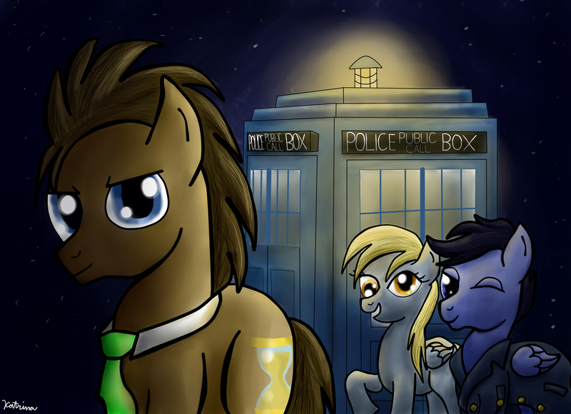 Size: 3440x2496 | Tagged: safe, artist:katrina-mae, derpibooru import, derpy hooves, doctor whooves, time turner, pegasus, pony, doctor who, female, jack harkness, mare, tardis