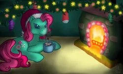 Size: 1778x1080 | Tagged: artist:anscathmarcach, christmas, clothes, cute, derpibooru import, fireplace, g3, hot chocolate, mintabetes, minty, safe, socks
