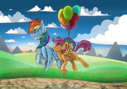 Size: 1024x717 | Tagged: artist:amberswirl, balloon, derpibooru import, flying, rainbow dash, safe, scootaloo, scootalove