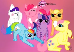 Size: 2045x1451 | Tagged: applejack, artist:anscathmarcach, cat, derpibooru import, edit, fluttershy, gradient background, logo, logo edit, mane six, my little x, pinkie pie, rainbow dash, rarity, safe, species swap, twilight sparkle