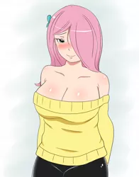 Size: 1490x1900 | Tagged: artist:aecron1, big breasts, breasts, busty fluttershy, cleavage, clothes, derpibooru import, female, fluttershy, human, humanized, solo, source needed, suggestive, sweater, sweatershy