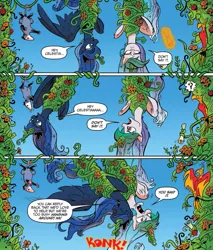 Size: 687x807 | Tagged: safe, artist:andypriceart, derpibooru import, idw, philomena, princess celestia, princess luna, tiberius, spoiler:comic, spoiler:comic27, angry, bad pun, celestia is not amused, eyes closed, frown, idw advertisement, image, luna is friggen useless, open mouth, png, power levels are bullshit, pun, scroll, smiling, swinging, tail, tail pull, this will end in tears and/or a journey to the moon, tied up, unamused, upside down, uselesstia, vine