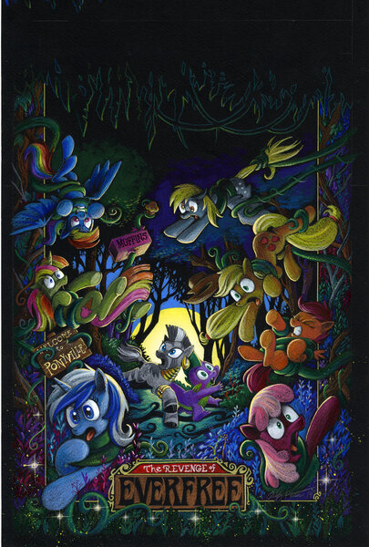 Size: 800x1185 | Tagged: safe, artist:andypriceart, derpibooru import, idw, applejack, cheerilee, derpy hooves, minuette, rainbow dash, scootaloo, spike, sweetcream scoops, zecora, pegasus, pony, zebra, spoiler:comic27, andy you magnificent bastard, captured, comic, cover art, everfree forest, eyes closed, female, gritted teeth, image, jpeg, mare, moon, muffin, open mouth, panic, running, scared, sign, stars, tail, tail pull, title, tongue out, traditional art, tree, vine