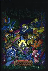 Size: 800x1185 | Tagged: safe, artist:andypriceart, derpibooru import, idw, applejack, cheerilee, derpy hooves, minuette, rainbow dash, scootaloo, spike, sweetcream scoops, zecora, pegasus, pony, zebra, spoiler:comic27, andy you magnificent bastard, captured, comic, cover art, everfree forest, eyes closed, female, gritted teeth, image, jpeg, mare, moon, muffin, open mouth, panic, running, scared, sign, stars, tail, tail pull, title, tongue out, traditional art, tree, vine