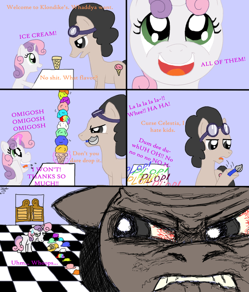 Size: 1280x1500 | Tagged: artist:niggerfaggot, comic, ice cream, oc, safe, shopkeeper, sweetie belle, this will end in tears