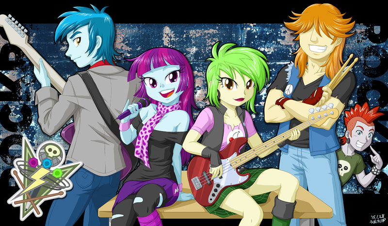 Size: 1200x700 | Tagged: safe, artist:uotapo, derpibooru import, cherry crash, crimson napalm, mystery mint, thunderbass, valhallen, equestria girls, rainbow rocks, background human, band, bass guitar, clothes, crossed arms, cute, drumsticks, ear piercing, earring, female, grin, guitar, hair over eyes, jewelry, lipstick, looking at you, looking back, looking back at you, male, microphone, musical instrument, mysterybetes, open mouth, piercing, pointing, smiling, thunderstruck (band)