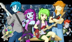 Size: 1200x700 | Tagged: safe, artist:uotapo, derpibooru import, cherry crash, crimson napalm, mystery mint, thunderbass, valhallen, equestria girls, rainbow rocks, background human, band, bass guitar, clothes, crossed arms, cute, drumsticks, ear piercing, earring, female, grin, guitar, hair over eyes, jewelry, lipstick, looking at you, looking back, looking back at you, male, microphone, musical instrument, mysterybetes, open mouth, piercing, pointing, smiling, thunderstruck (band)