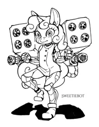 Size: 500x641 | Tagged: safe, artist:hobilo, derpibooru import, sweetie belle, anthro, robot, unicorn, black and white, female, grayscale, hooves, horn, lineart, monochrome, solo, sweetie bot, weapon