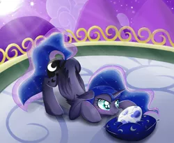 Size: 2706x2214 | Tagged: safe, artist:magnaluna, derpibooru import, princess luna, alicorn, balcony, blushing, crepuscular rays, dragon egg, egg, female, floppy ears, hatching, heart eyes, mare, moon, night, pillow, solo, wingding eyes