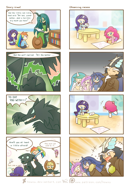 Size: 1700x2385 | Tagged: safe, artist:howxu, derpibooru import, applejack, discord, pinkie pie, princess cadance, princess celestia, princess luna, queen chrysalis, rainbow dash, rarity, human, wolf, series:my little kindergarten, 4koma, clothes, comic, cute, engrish, exploitable meme, filly, horned humanization, humanized, meme, miniskirt, :p, reaction guys, schoolgirl, school uniform, skirt, socks, thigh highs, winged humanization