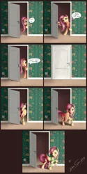 Size: 2580x5166 | Tagged: safe, artist:bluespaceling, derpibooru import, fluttershy, comic, door, present, ribbon, talking