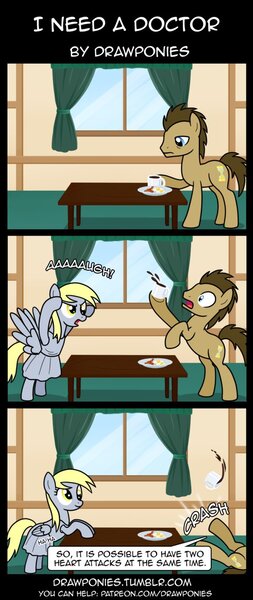 Size: 580x1378 | Tagged: safe, artist:drawponies, derpibooru import, derpy hooves, doctor whooves, time turner, pegasus, pony, bacon, breakfast, coffee, comic, doctor who, egg, female, funny, heart attack, mare, ponies eating meat, weeping angel