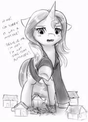 Size: 620x861 | Tagged: safe, artist:alloyrabbit, derpibooru import, sunset shimmer, pony, unicorn, accident, crush fetish, crushing, crying, cute, destruction, dialogue, giant pony, giantess, house, macro, monochrome, open mouth, sad, text