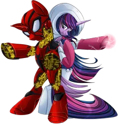 Size: 1138x1200 | Tagged: safe, artist:blackfreya, derpibooru import, twilight sparkle, twilight sparkle (alicorn), ponified, alicorn, pony, amethyst sorceress, armor, bipedal, clothes, costume, crossover, crossover shipping, female, lightning, looking at you, looking back, magic, mare, marvel, peter parker, science, shipping, simple background, smiling, spider-man, spiders and magic: rise of spider-mane, spidertwi, superhero, technology, transparent background