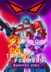 Size: 2480x3508 | Tagged: safe, derpibooru import, sunset shimmer, twilight sparkle, twilight sparkle (alicorn), robot, equestria girls, autobot, crossover, fanfic art, fanfic cover, optimus prime, ponied up, transformers