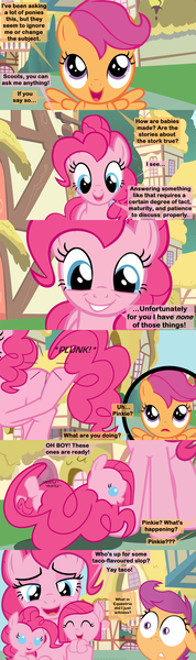 Size: 1120x3780 | Tagged: safe, artist:beavernator, derpibooru import, pinkie pie, scootaloo, pony, adoracreepy, asexual reproduction, baby, baby pie, baby pony, beavernator goes insane, birth, budding, comic, creepy, cute, cuteamena, diapinkes, eyes closed, filly, frown, grin, gritted teeth, lidded eyes, multeity, open mouth, pinkamena diane pie, reproduction, self ponidox, smiling, the birds and the bees, the talk, too much pink energy is dangerous, wat, wide eyes