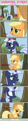 Size: 1004x4337 | Tagged: suggestive, artist:estories, derpibooru import, applejack, oc, oc:silverlay, comic:seeds of darkness, apple, bedroom eyes, canon x oc, comic, female, lesbian, magic, shipping, silverjack, wide eyes