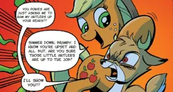 Size: 823x438 | Tagged: safe, derpibooru import, edit, idw, applejack, bramble, deer, earth pony, pony, spoiler:comic, spoiler:comic27, female, implied anal, implied sex, mare, rage, text edit