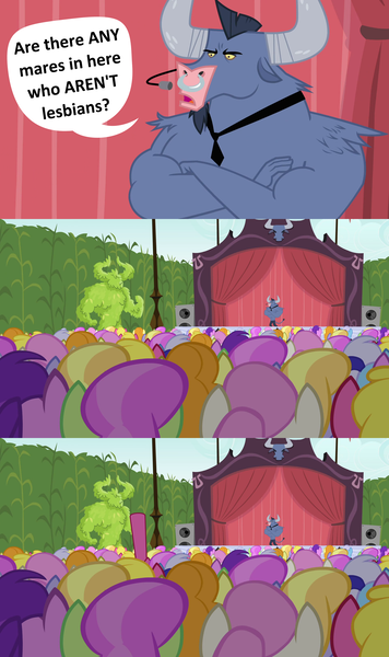 Size: 1920x3240 | Tagged: safe, derpibooru import, edit, edited screencap, screencap, amethyst star, cheerilee, cherry berry, cloud kicker, iron will, merry may, twinkleshine, minotaur, pony, background pony, comic, crossed arms, crowd, dialogue, female, frown, lesbian, male, mare, microphone, necktie, nose piercing, nose ring, piercing, raised hoof, screencap comic, speech bubble, stage, standing