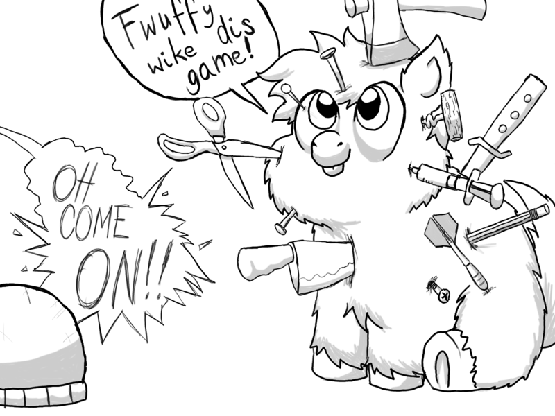 Size: 1600x1200 | Tagged: artist:the mungoman, axe, dart, derpibooru import, fluffy pony, immortality, knife, monochrome, nail, pencil, pin, safe, scissors, screw, syringe