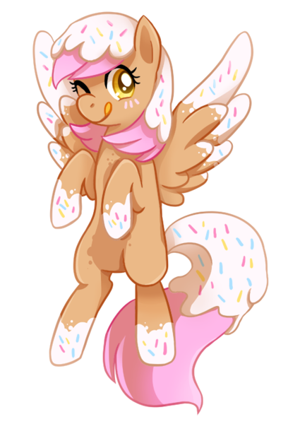 Size: 496x701 | Tagged: safe, artist:tsurime, derpibooru import, donut pony, food pony, original species, donut, female, flying, food, licking lips, looking at you, simple background, solo, spread wings, tongue out, transparent background
