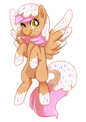 Size: 496x701 | Tagged: safe, artist:tsurime, derpibooru import, donut pony, food pony, original species, donut, female, flying, food, licking lips, looking at you, simple background, solo, spread wings, tongue out, transparent background