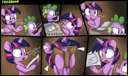 Size: 3507x2092 | Tagged: dead source, safe, artist:mistydash, derpibooru import, spike, twilight sparkle, pony, unicorn, adorkable, book, comic, cute, derp, dizzy, dork, facebook, facebooking, female, fluffy, frown, knocked silly, literal, mare, mobile phone, nose wrinkle, open mouth, phone, pun, raised eyebrow, silly, silly pony, thinking, tongue out, unicorn twilight, you're doing it wrong